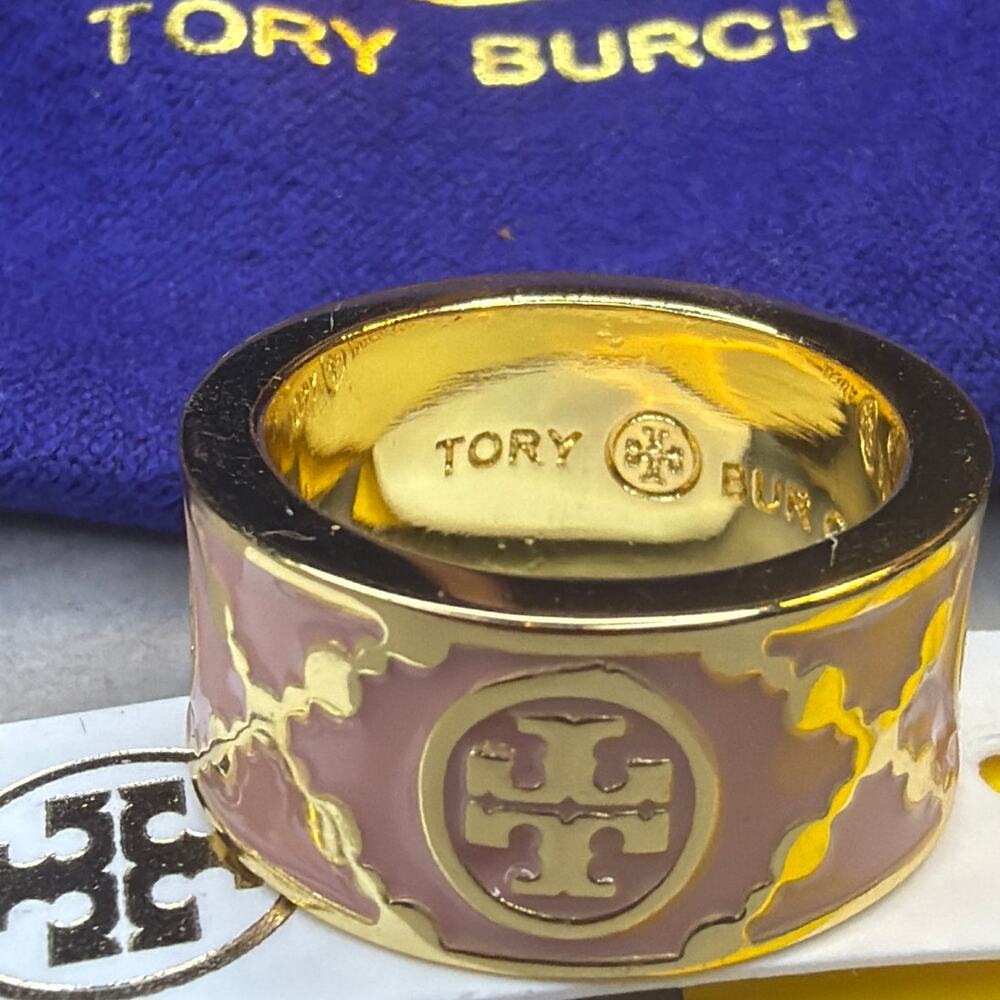 Tory Burch T Monogram Enamel Ring Brown Enamel Sz 7 Signed Dust Pouch